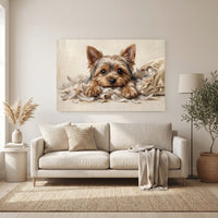 Yorkshire Terrier Puppy Shredded Pillow Canvas Wall Art, Funny Dog Print, Playful Pet Decor