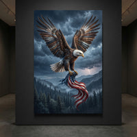 Bald Eagle Rain Storm Flag Stretched Canvas Wall Art, Patriotic Wilderness Print, Freedom Wall Decor