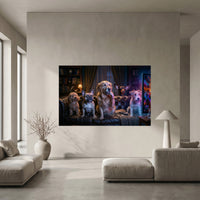 Five Dogs Watching Scary Movie Canvas Wall Art, Funny Dog Print, Movie Night Decor