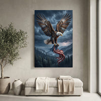 Bald Eagle Storm Flag Stretched Canvas Wall Art, Patriotic Lightning Sky Print, Freedom Wall Decor