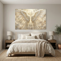 Golden Angel Wings Stretched Canvas Wall Art, Heavenly Light Rays Print, Faith Wall Decor
