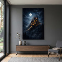 Moonlit Fantasy Castle Stretched Canvas Wall Art, Enchanted Night Sky Print, Mystical Room Decor