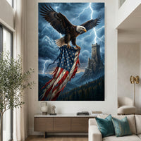 Bald Eagle American Flag Stretched Canvas Wall Art, Stormy Castle Tower Print, Patriotic Wall Decor