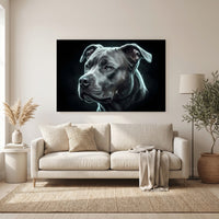 Electric Pit Bull Portrait Canvas Wall Art, Glowing Blue Dog Print, Modern Pet Decor