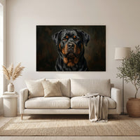 Rottweiler Dark Portrait Canvas Wall Art, Classic Dog Oil Painting Print