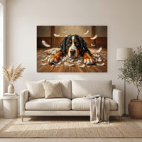 Guilty Bernese Mountain Dog with Torn Pillow Canvas Wall Art, Funny Dog Print, Playful Pet Decor
