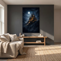 Moonlit Fantasy Castle Stretched Canvas Wall Art, Enchanted Night Sky Print, Mystical Room Decor
