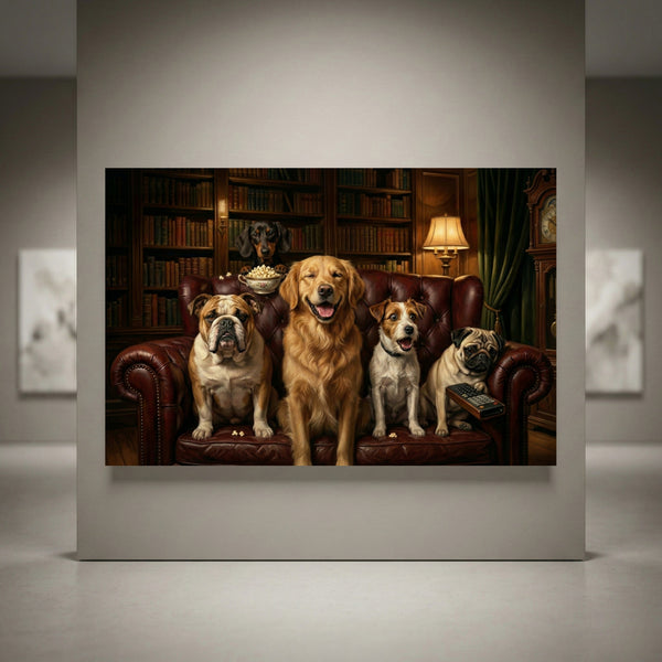 Five dogs movie night canvas art