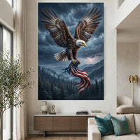 Bald Eagle Rain Storm Flag Stretched Canvas Wall Art, Patriotic Wilderness Print, Freedom Wall Decor