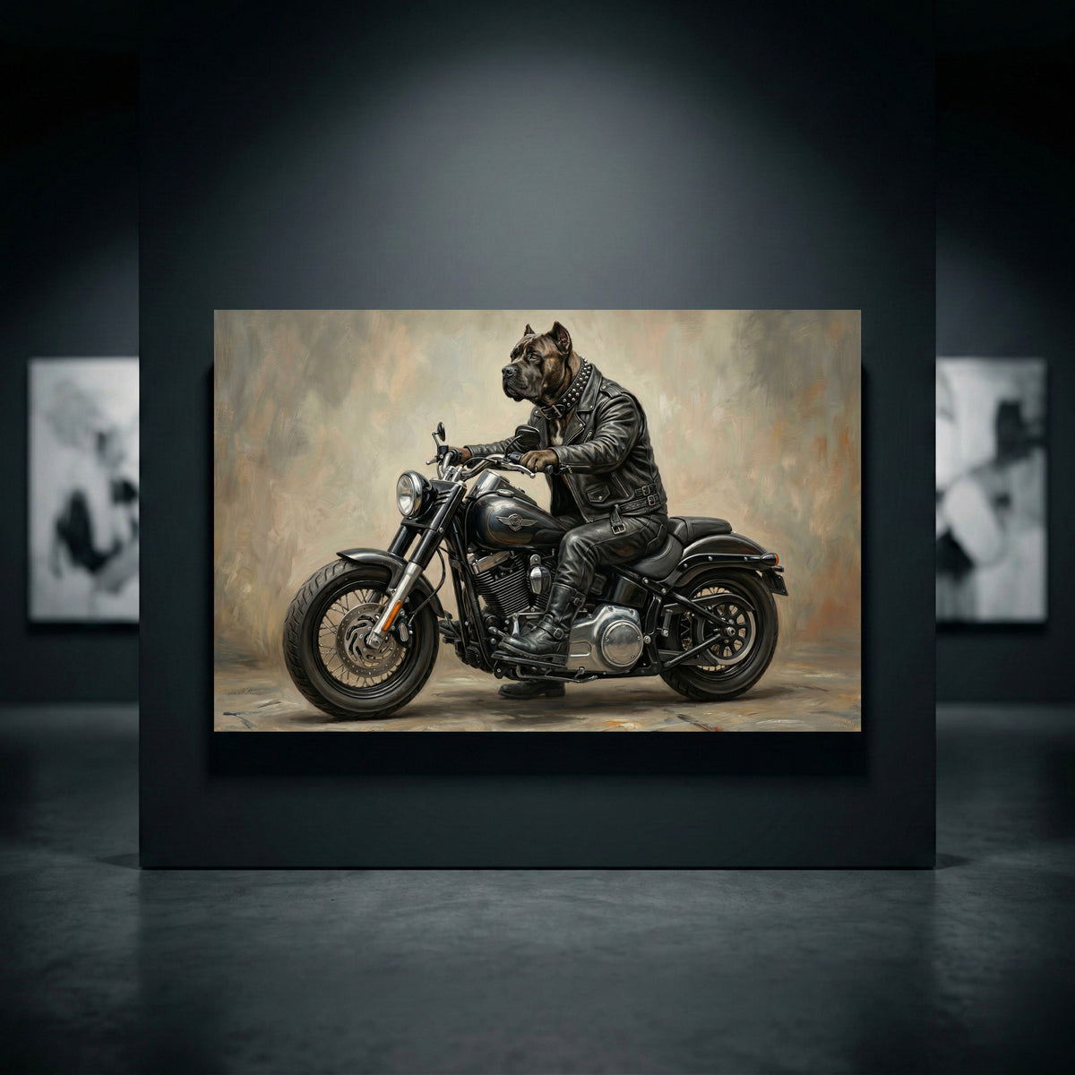 Cane Corso Biker Stretched Canvas Wall Art, Funny Dog on Motorcycle Print, Man Cave Wall Decor