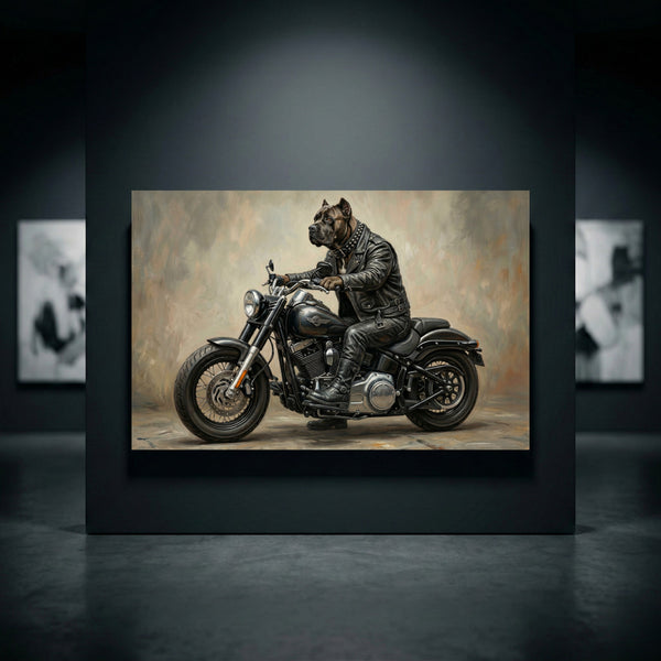 Cane Corso Biker Stretched Canvas Wall Art, Funny Dog on Motorcycle Print, Man Cave Wall Decor