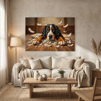 Guilty Bernese Mountain Dog with Torn Pillow Canvas Wall Art, Funny Dog Print, Playful Pet Decor