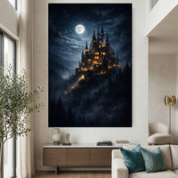 Moonlit Fantasy Castle Stretched Canvas Wall Art, Enchanted Night Sky Print, Mystical Room Decor