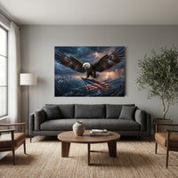 Bald Eagle Flag Lightning Stretched Canvas Wall Art, Mountain Valley Storm Print, Patriotic Wall Decor