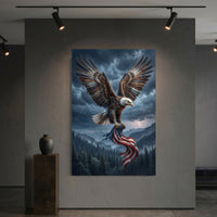 Bald Eagle Rain Storm Flag Stretched Canvas Wall Art, Patriotic Wilderness Print, Freedom Wall Decor