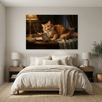 Ginger Cat Knocking Over Coffee Mug Canvas Wall Art, Funny Cat Print, Classic Study Decor