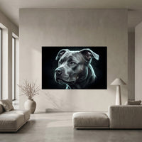Electric Pit Bull Portrait Canvas Wall Art, Glowing Blue Dog Print, Modern Pet Decor