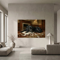 Guilty Black Labrador with Torn Pillow Canvas Wall Art, Funny Dog Print, Cozy Fireplace Decor