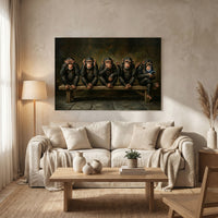 Five Wise Monkeys with Smartphone Canvas Wall Art, Funny Modern Twist Print, Humorous Office Decor