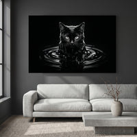 Black Cat Emerging from Dark Water Canvas Wall Art, Dramatic B&W Cat Photography Print