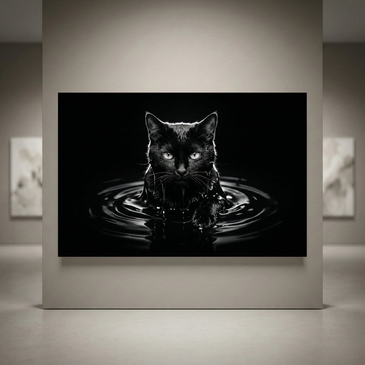 Black cat emerging from dark water canvas art