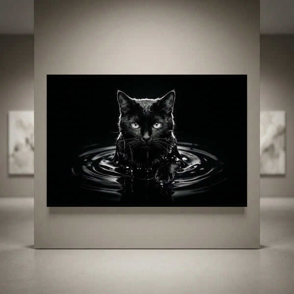 Black cat emerging from dark water canvas art