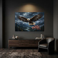 Bald Eagle Mountain Flag Stretched Canvas Wall Art, Stormy Wilderness River Print, Patriotic Wall Decor