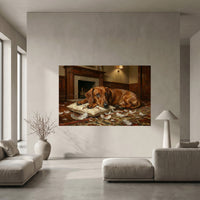 Guilty Dachshund with Torn Pillow Canvas Wall Art, Funny Dog Print, Classic Home Decor