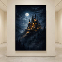 Moonlit Fantasy Castle Stretched Canvas Wall Art, Enchanted Night Sky Print, Mystical Room Decor