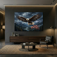 Bald Eagle Mountain Flag Stretched Canvas Wall Art, Stormy Wilderness River Print, Patriotic Wall Decor