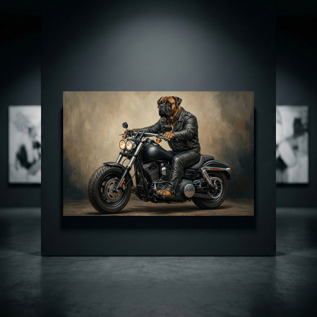 Bullmastiff Biker Stretched Canvas Wall Art, Funny Dog on Motorcycle Print, Man Cave Wall Decor