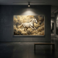 White Horse Galloping Through Golden Clouds Canvas Wall Art, Majestic Stallion Print, Dreamy Equestrian Decor