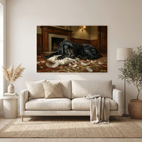 Guilty Black Labrador with Torn Pillow Canvas Wall Art, Funny Dog Print, Cozy Fireplace Decor