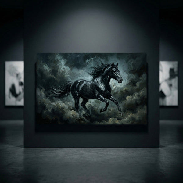 Black Stallion Storm Stretched Canvas Wall Art, Galloping Horse Print, Dramatic Equestrian Decor