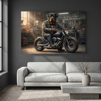 Rottweiler Biker Stretched Canvas Wall Art, Funny Dog on Motorcycle Print, Garage Wall Decor
