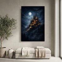 Moonlit Fantasy Castle Stretched Canvas Wall Art, Enchanted Night Sky Print, Mystical Room Decor