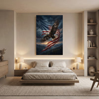 Bald Eagle Flag Sunset Stretched Canvas Wall Art, Patriotic Mountain Silhouette Print, Freedom Wall Decor