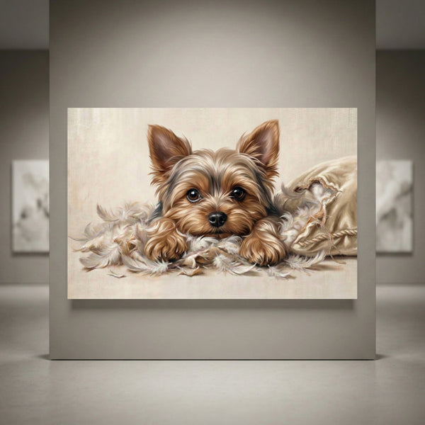 Yorkshire terrier puppy shredded pillow canvas art