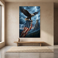 Bald Eagle American Flag Stretched Canvas Wall Art, Stormy Castle Tower Print, Patriotic Wall Decor