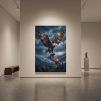 Bald Eagle Storm Flag Stretched Canvas Wall Art, Patriotic Lightning Sky Print, Freedom Wall Decor