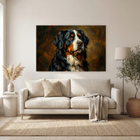 Bernese Mountain Dog Oil Painting Canvas Wall Art, Classic Dog Portrait Print, Warm Rustic Decor