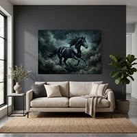 Black Stallion Storm Stretched Canvas Wall Art, Galloping Horse Print, Dramatic Equestrian Decor
