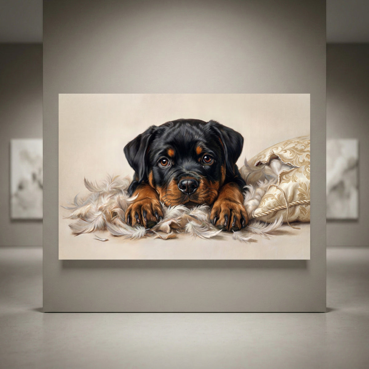 Rottweiler puppy shredded pillow canvas art