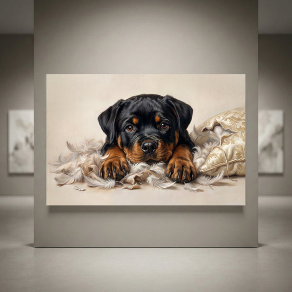 Rottweiler puppy shredded pillow canvas art