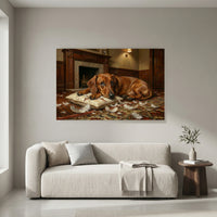 Guilty Dachshund with Torn Pillow Canvas Wall Art, Funny Dog Print, Classic Home Decor