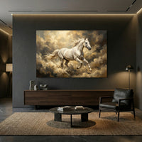White Horse Galloping Through Golden Clouds Canvas Wall Art, Majestic Stallion Print, Dreamy Equestrian Decor