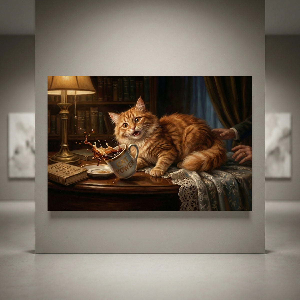 Ginger cat knocking over coffee mug canvas art