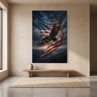 Bald Eagle Flag Sunset Stretched Canvas Wall Art, Patriotic Mountain Silhouette Print, Freedom Wall Decor