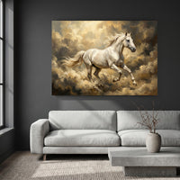 White Horse Galloping Through Golden Clouds Canvas Wall Art, Majestic Stallion Print, Dreamy Equestrian Decor
