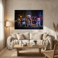 Five Dogs Watching Scary Movie Canvas Wall Art, Funny Dog Print, Movie Night Decor